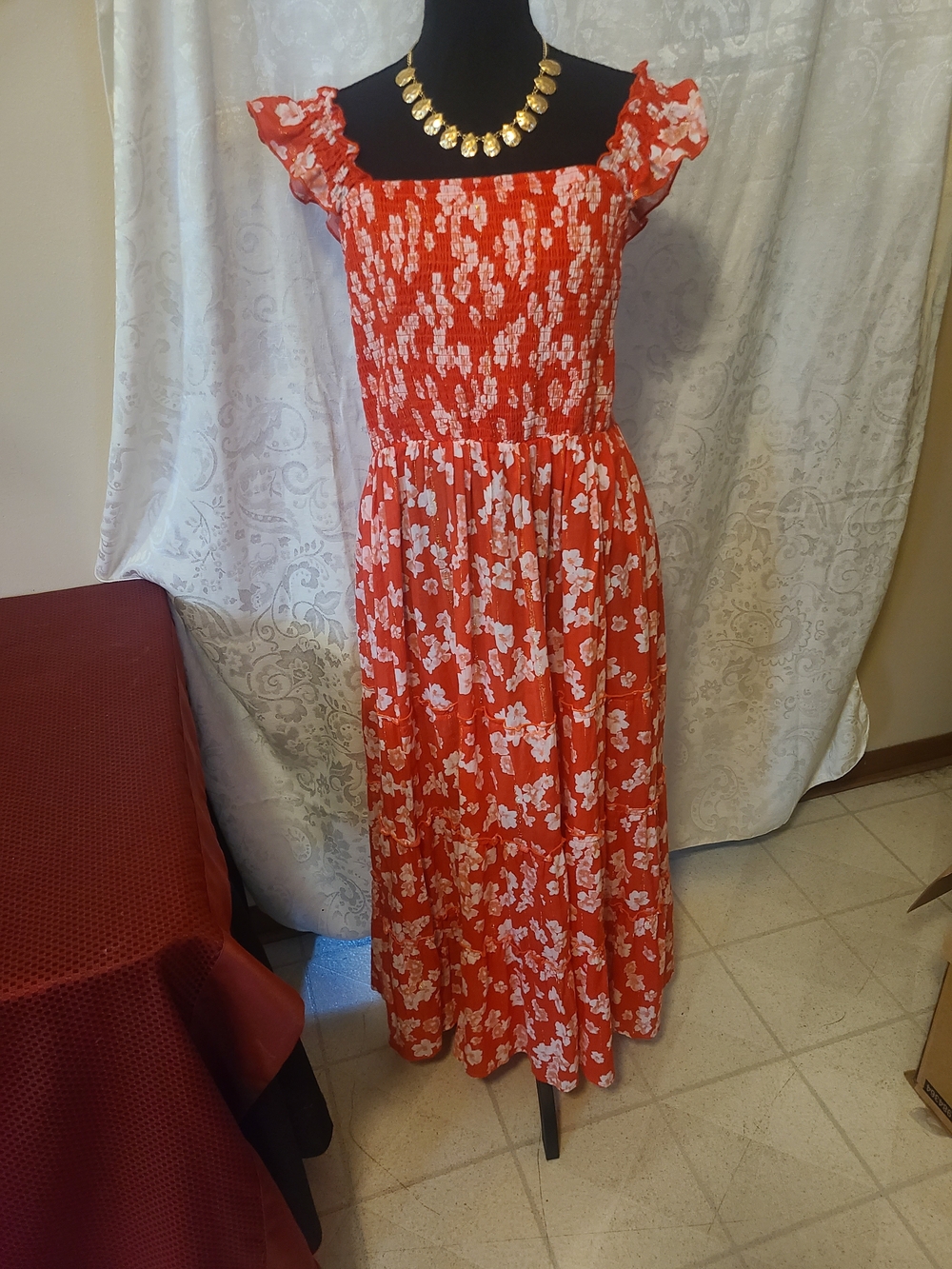 Red Floral Maxi Dress with Smocked Bodice